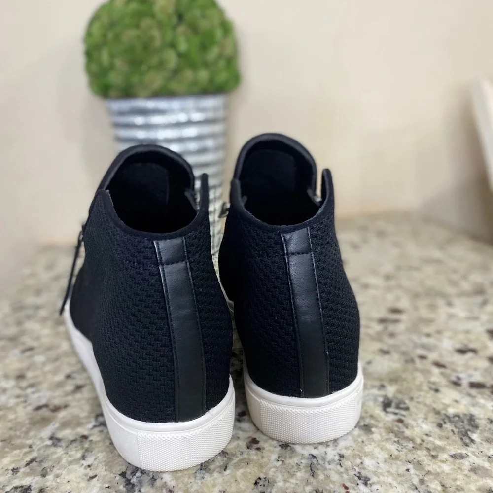 Steve Madden Black‎ Knit Hidden Wedge High Top Sneakers Side Zip Womens